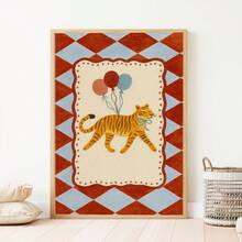 1pc Framed Canvas Wall Art, Tiger Theme For Kids Room, Circus Theme Nursery Decor, Balloon Animal Poster, Printable Children's Room Decor, Cartoon Animal Wall Art - Multicolor - View 5