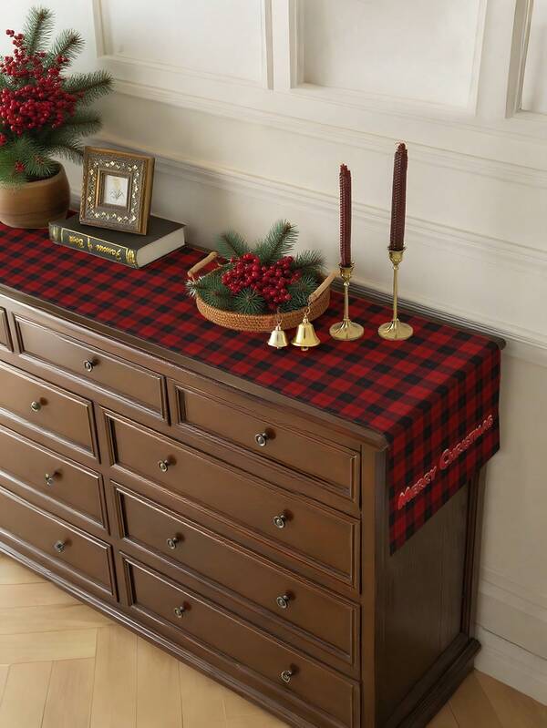 1pc Christmas Gift Christmas Snowman, Reindeer, Christmas Tree Atmosphere Decorative Red Plaid Table Runner, Atmosphere Home Decor Table Runner, Suitable For Living Room, Bedroom, Kitchen, Stain-Resistant Table Runner