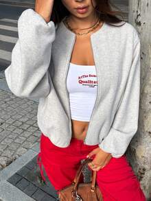 Women's Bomber Jacket Zipper Cardigan Solid Color Versatile Comfortable Double Layer Outwear