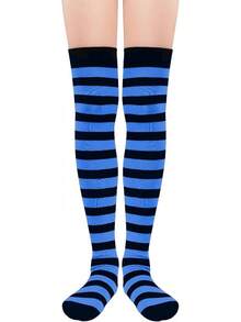 Womens Thigh High Socks Striped High Knee Socks Knee High Socks For Cosplay Long Socks Over The Knee Leg Warmers - Blue & Black Stripes - View 8