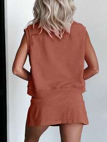 Womens Early Fall Two-Piece Casual Mineral Washed Cotton Tank Top And Slit Mini Skirt Set - 鏽棕色 - 查看 2
