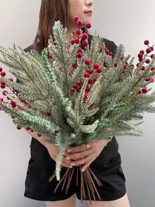 3/6pcs Christmas Tree Branches,2 Green Branches + 1 Red Berry Branches,PE Material,Artificial Cedar Red Berry Branches,Christmas Decorations And Ornaments,21. 65inch/55cm, Artificial Flowers, Autumn And Winter, Artificial Plants, Artificial Flowers, Christmas, Christmas Decorations, Fake Plants