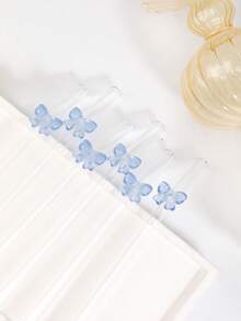 2/4/6/8pcs Cute Cartoon Blue Bow Glass Straws, Curved Reusable Glass Straws, Suitable For Milkshakes, Milk, Tea, Juice, Cocktails And Cold Drinks, Girlfriend Gift, Dessert Shop, Sparkling Water, Snack Shop, Office, Bar, Restaurant - Blue - View 3