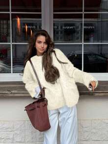 2026 Nuovo Maglione casual elegante da donna con spalle a goccia, collo a girocollo a costine, maniche lunghe, adatto per uso casual, top eleganti, concerti, streetwear, look da rientro a scuola - Albicocca - Visualizzare 3
