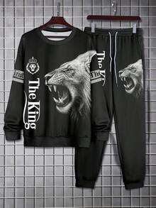 2 piezas Conjunto de talla grande para hombre con estampado de león - Sudadera de cuello redondo y pantalón de chándal, Estilo callejero de la letra "The King", Ropa de otoño