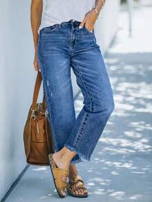 大码女式松紧腰宽松直筒牛仔裤，做旧破洞七分裤，水洗蓝 - 藍色 - 查看 4