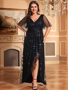 EVERPRETTY Plus Size Deep V-Neck Sequin Contrast Color High Slit Bridesmaid Dress, Black Elegant Formal Evening Gown For Wedding Guest, Graduation Ceremony, Banquet Party Spring - Black - View 7