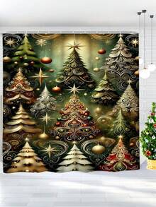 1 pieza/4 piezas Juego de baño de árbol de Navidad verde oscuro, incluye cortina de ducha, alfombra de inodoro, alfombra de baño, etc. Hecho de tela de poliéster impermeable y duradera. Decorado con patrones de árbol de Navidad, estrellas y copos de nieve. Adecuado para agregar un ambiente navideño al baño, especialmente para la temporada navideña.
