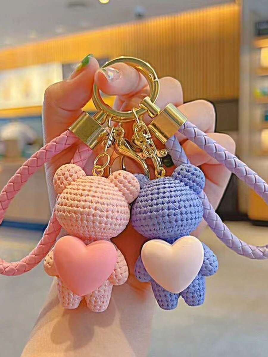 1pc Cute Cartoon Heart Knitted Car Key Chain Pendant, Couple Rabbit & Bear Keychain, Lovely Plush Christmas Gift