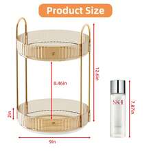 360°旋转化妆品收纳架，适用于梳妆台面，双层设计，大容量化妆品护肤品香水收纳架，适用于梳妆台浴室，旋转式收纳架（透明白色） - 銀色 - 查看 2