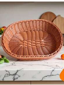 One Retro Chinese-Style Imitation Rattan Woven Bread Storage Basket, 28*20cm, Oval Woven Basket, Bread Box, Storage Basket, Multi-Compartment Snack, Dessert, Fruit And Candy Storage Rattan Woven Bread Basket, Snack Basket, Mall Display Storage Basket, Square Rattan Woven Fruit Basket, Afternoon Tea Snack Plate, Snack Plate, Random Wood Color, Retro Fruit Dish, Miscellaneous Candy Storage Basket - Oval Wood Color - View 4