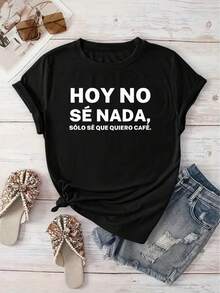 Women's Black Casual Short Sleeve T-Shirt With Spanish Slogan And Geometric Pattern - Round Neck Spring Summer Vacation Top, Machine Washable Regular Fit T-Shirt, Comfortable Fabric, Fashion , Lightweight Printed T-Shirt, Exclusive For Street Style Enthusiasts