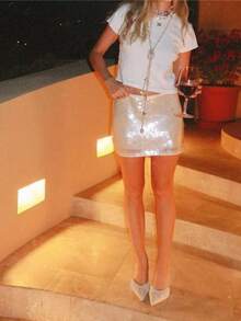 Women's Summer Mini Sequins Skirts Short  Glitter Skirt For Daily, Travel, Parties - 香檳色 - 查看 2