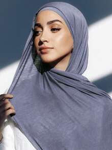 2 件套针织头巾和内帽套装，纯色柔软透气莫代尔面料，1 件简约头巾帽 + 1 件轻质莫代尔披肩，适合日常使用 - 水洗藍 - 查看 7