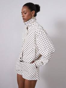 Se-Hore 时尚女装秋季新品，返校/大学街头风，欧美复古波点立领飞行员夹克，春季款 - 黑白波點 - 查看 9