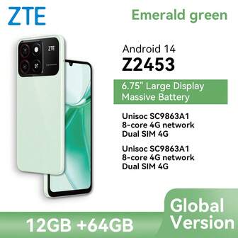 ZTE 中兴，智能手机，Blade Z2453，翡翠绿，已解锁，Android 14，（4GB RAM + 8GB Fusion）+ 64GB ROM，5000mAh 电池，双 SlM 4G，插头为欧洲标准，支持 NFC，4G LTE，全球版本