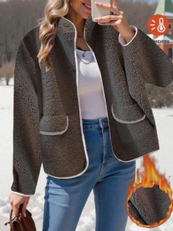 Chaqueta de punto suave y acogedor para mujer con forro cálido y cuello alto, mangas largas y longitud regular, con bolsillos y ribete de contraste, tela con elasticidad media