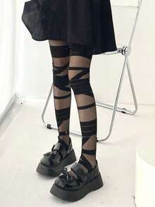 2双装甜美黑白绑带过膝长袜，大腿袜带缎带，适合春夏穿着，Y2K风格，舒适保暖
