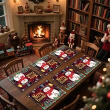 1 Set/1 Stück/4 Stücke/6 Stücke Weihnachtsmann und Stechpalmenbeeren Muster Tischsets, maschinenwaschbare rechteckige Polyester Tischsets, Tischschutz, wärmeisolierende Tischsets, Restauranttischdekoration, Partyzubehör, Weihnachtsdekoration, alles kann als Geschenk gegeben werden