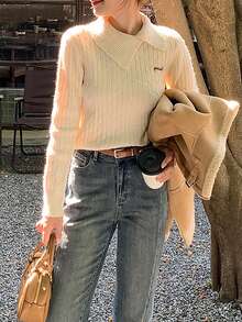 Alicedudu Women Gentle Breeze Unique Collar Knitted Pullover, Autumn/Winter - Apricot - View 4