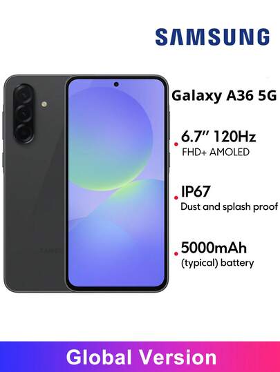 Smartphone Samsung Galaxy A36 5G versão global, tela FHD+ AMOLED de 6,7", taxa de atualização de 120 Hz, câmera traseira de 50 MP, bateria de 12 MP e 5000 mAh, câmera frontal, desbloqueio por impressão digital, IP67, resistente à poeira e à água. *SEM carregador