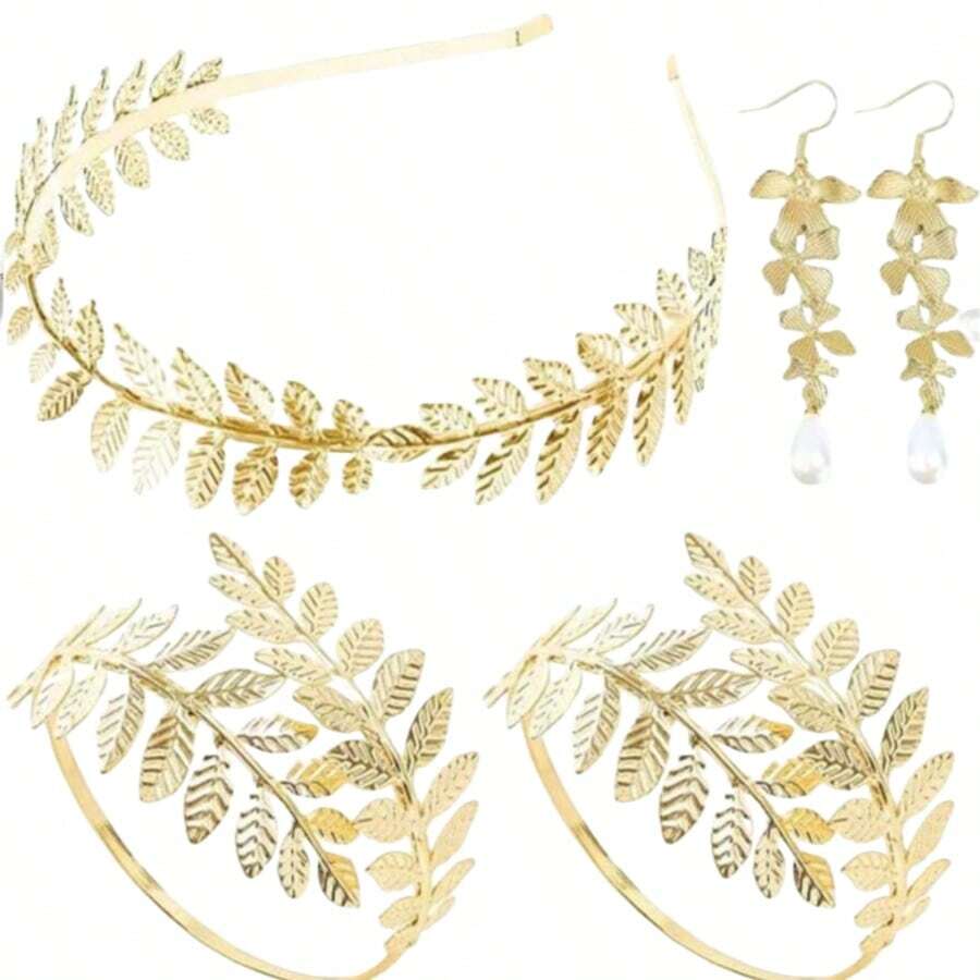 5 Pcs Greek Goddess Costume Accessories Set, 1 Piece Golden Leaf Crown Headband, 2 Pieces Coil Upper Armband Bracelet, 2 Pieces Dangle Earrings, Bridal Wedding Headpiece Toga Costume