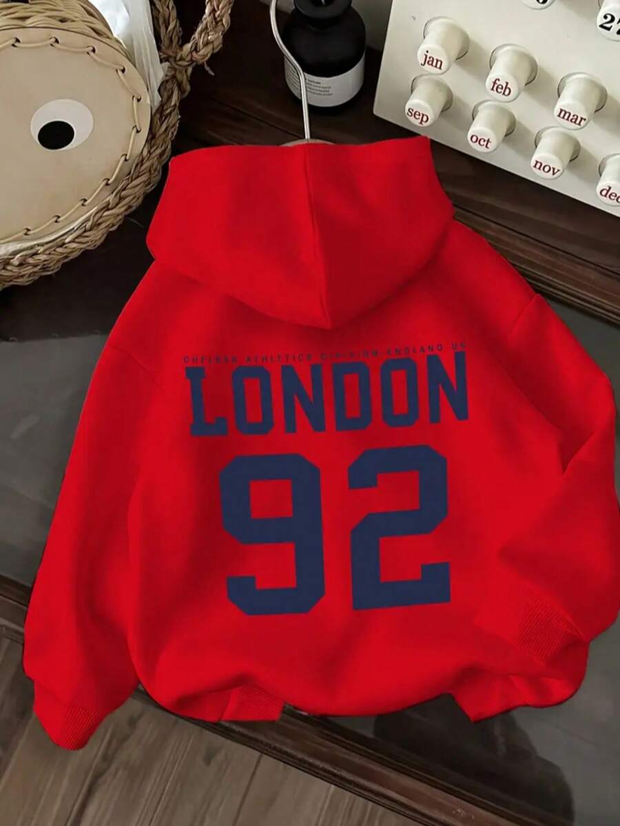 Sudadera hoodie sweatshirt dama mujer gorro capucha encapuchada manga larga algodon bolsa canguro cangurera estampado london inglaterra londres reino unido uk europa ciudad numeros letras college colegial varsity puños rib acanalados casual atletica aesthetic homie cossy casa diario frio ciudad urbana moderna juvenil comoda abrigadora caliente calientita ejercicio pijamada - Rojo - Ver 1
