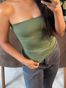 Women's Basic Tube Top, Strapless, Long, Double Polyamide Tube Top, Without Pads - Green - View 2