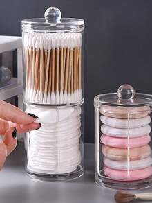 1pc Transparent Cotton Swab Dispenser Holder, 2-In-1 Divided Cotton Swab And Makeup Pad Organizer, Vanity Countertop Storage Box For Cotton Swabs, Pads, Floss - Multicolor - View 7