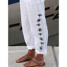 Women Summer Autumn Boho Style Retro Cotton Linen Embroidery High Waist Loose Casual Pants With Pockets - 白色 - 查看 3