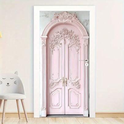 1 set/2 piezas Elegantes calcomanías de pared con patrón floral tallado en rosa - Adhesivos de arte abstracto moderno, adecuados para decoración de dormitorio, sala de estar u oficina, material de papel removible, decoración colgante de puerta