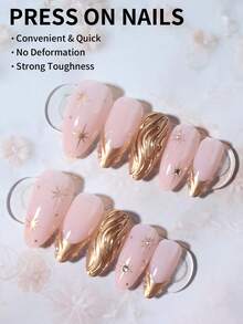 24片长杏仁金色3D凝胶美甲贴纸，提升您的时尚品味！这款法式杏仁美甲贴纸套装饰有星星水钻，完美贴合您的指甲形状，采用亚克力材质制成。套装包含：1片果冻胶和1把指甲锉。这款法式杏仁美甲贴纸适合女性和女孩日常工作、节日、派对及各种场合。美甲用品 - 金色 - 查看 3