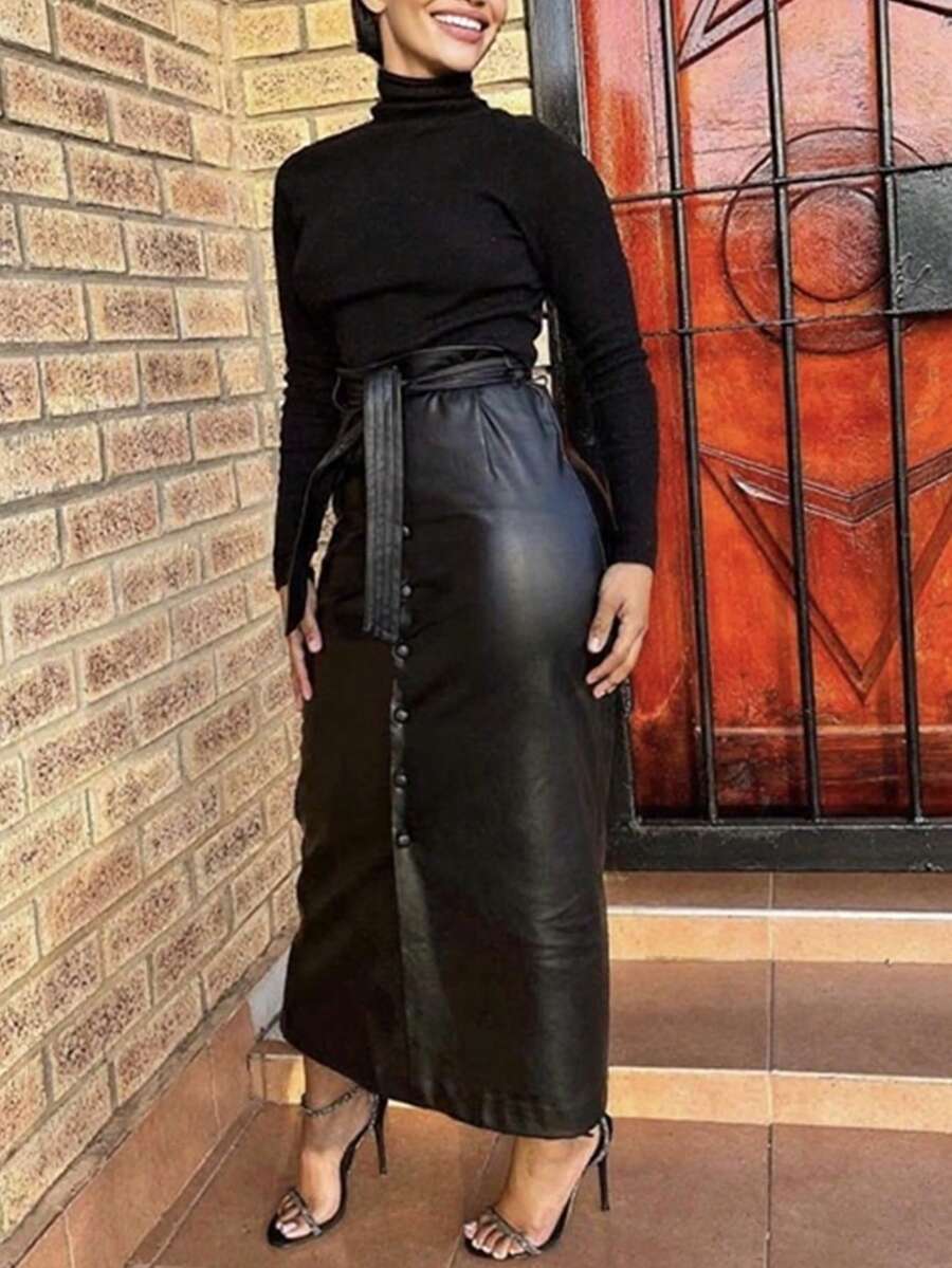 Women's Solid Color Pu Leather Skirt With Belt Women Outfit Fall Cloth For Women Winter Autumn A-Line Skirt, PU Leather Long Elegant Skirt