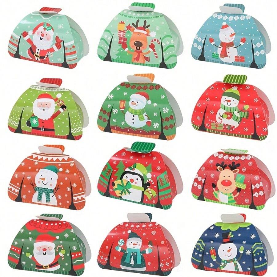 Christmas Gift Boxes With Reindeer Design - Paper Treat Containers For Housewarming, Anniversary, And Holiday Celebrations - Festive Ugly Sweater, Santa, Snowman Themed Party Favors For Winter, Christmas, New Year Decor
