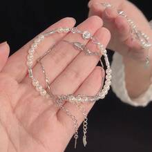 优雅的法国郁金香和珍珠手链，奢华小众时尚闪亮双层手链 - 多色 - 查看 6