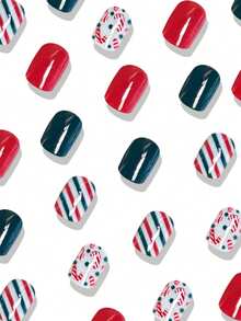 24 Peças Unhas Postiças Curtas Pressione Unhas de Natal Listradas em Vermelho e Verde Tipo Bastão de Doce Verde e Vermelho Unhas Postiças Adequadas para Uso Diário Suprimentos de Unhas Pressione