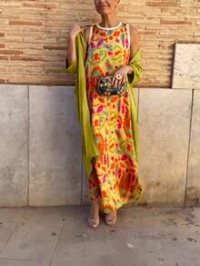 فستان نسائي أنيق بطبعات زهرية مع رداء، طقم من قطعتين، مقاسات كبيرة