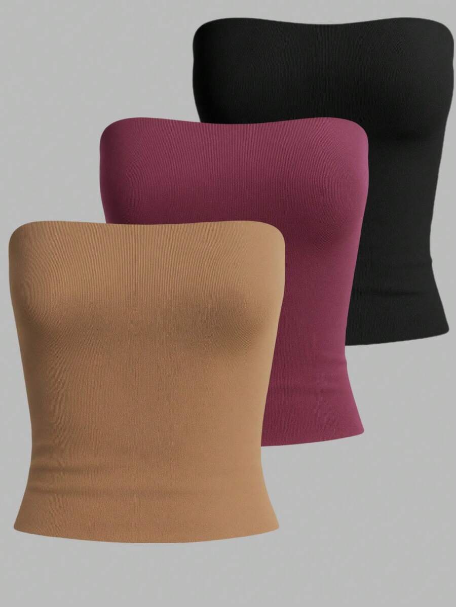 Kit3 Cropped Tube Top Tube Bandeau Blouse Basic Women's Lined Suplex Premium Blogger - Kit3 tube preta vinho marrom - 查看 1