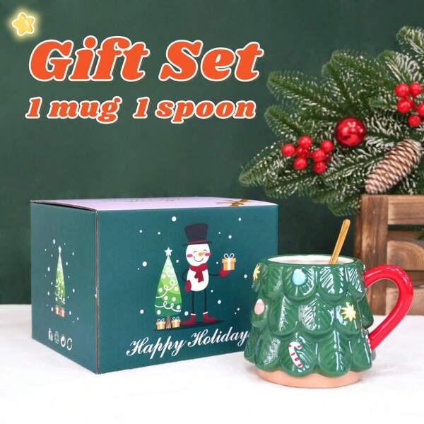 LECHENG HOUSEHOLD 1 Cup 1 Spoon, Gift Box, 400ml Handmade Ceramic Christmas Tree Mug, Hand-Painted 3D Embossed Pattern, Holiday Celebration Coffee/Tea Cup, Suitable For Your Daily Beverage, Christmas Gift, Microwave