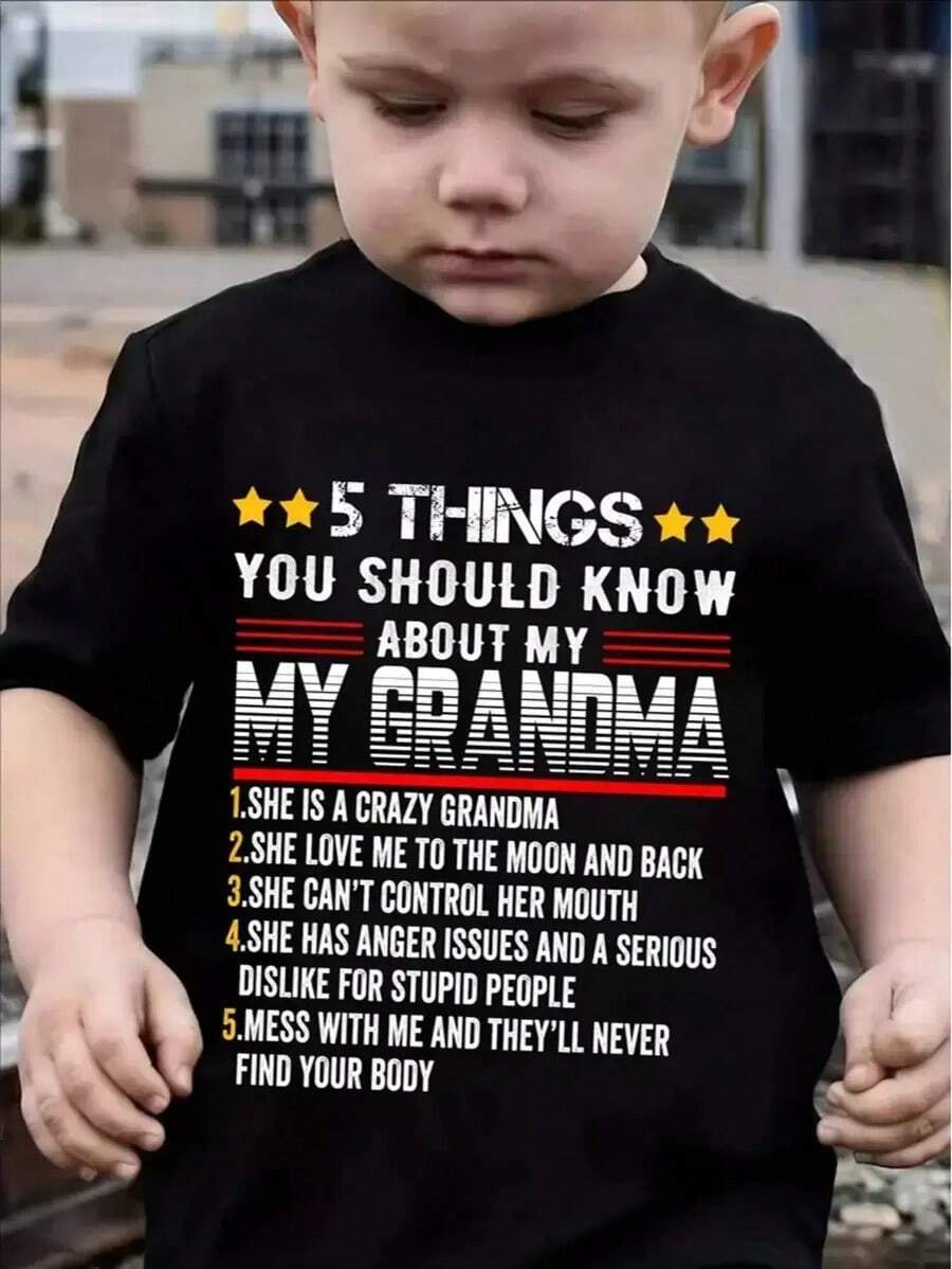 Unique Grandma-Themed 5 Things About My Grandma Print Boys' Short Sleeve T-Shirt- Breathable, Loose Fitting, Round Neck, Creative Pattern, Casual Top For Everyday Wear - 黑色 - 查看 1