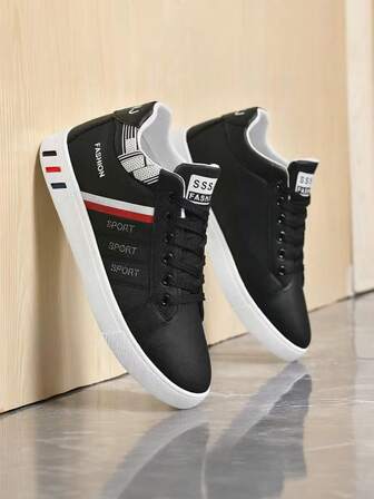 男士简约低帮滑板鞋，舒适系带条纹休闲鞋，耐用厚底运动鞋，适合户外活动