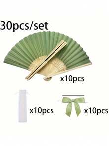 3/15/30件套，夏季绿色系列婚礼礼品扇套装，女士折扇，绿色系列蝴蝶结，透明束口袋，婚礼派对装饰，适合新娘礼物派对、生日派对回礼、伴娘拍照道具、夏季扇子、活动和派对用品、派对礼品袋 - 綠色 - 查看 13