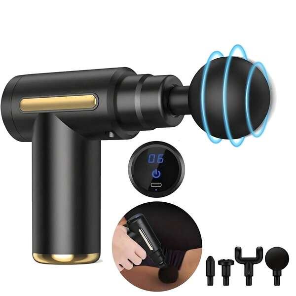 RAF Tragbare, wiederaufladbare Faszienmassagepistole mit 4 austauschbaren Massageköpfen, Tiefengewebsentspannung, USB-Aufladung, Lithium-Akku, Sport- und Outdoor-Elektronik-Zubehör