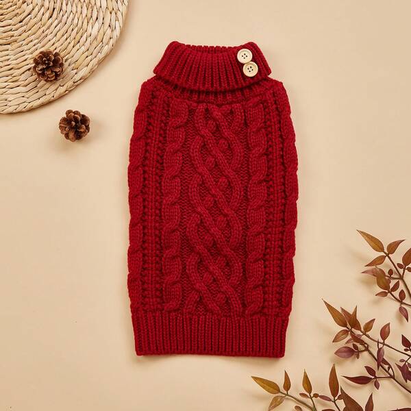 1 pezzo Maglione per animali domestici in maglia a trecce, con collo alto e bottoni in legno, colore unito, comodo ed elastico, adatto per gatti e cani in autunno/inverno, Natale