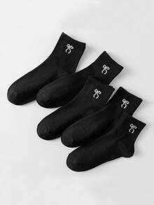 8 Pairs Random Mixed Color Solid Simple Style Children Socks, Versatile Casual Everyday Wear, Infant Mid-Calf Socks With Black & White Bow Pattern - Multicolor - View 4