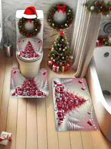 1 pieza/4 piezas Juego de baño de árbol de Navidad verde oscuro, incluye cortina de ducha, alfombra de inodoro, alfombra de baño, etc. Hecho de tela de poliéster impermeable y duradera. Decorado con patrones de árbol de Navidad, estrellas y copos de nieve. Adecuado para agregar un ambiente navideño al baño, especialmente para la temporada navideña.