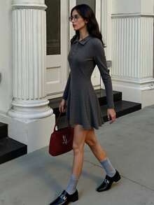 Women's Solid Color Front Button Fitted Collar Vintage Elegant Sweater Dress, Suitable For Dates, Daily Wear, Gatherings And Parties, Autumn/Winter - Grey - View 5