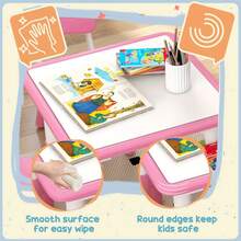 Adjustable Height Activity Table Set With 4 Chairs And Storage Box 23.6 Inch Square Pink MDF Construction 7 Level Table Adjustment Space Saving Design 110lb Capacity
