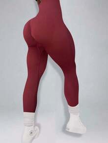 1pc Women Seamless Yoga Pants, Waist Slimming, Butt Lifting, High Elasticity, Slim Fit, Suitable For Yoga, Running, Cycling, Fitness And Other Sports - Burgundy - View 3