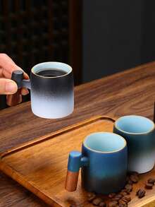 كوب قهوة لاتيه سيراميك ذو مقبض خشبي بتدرج اللون، كوب شاي ياباني ريفي بتباين في الحرق، كوب شاي للمكتب، كوب مشروبات للمنزل وتجمعات الأصدقاء، كوب ماء صغير للمطاعم والفنادق، هدية